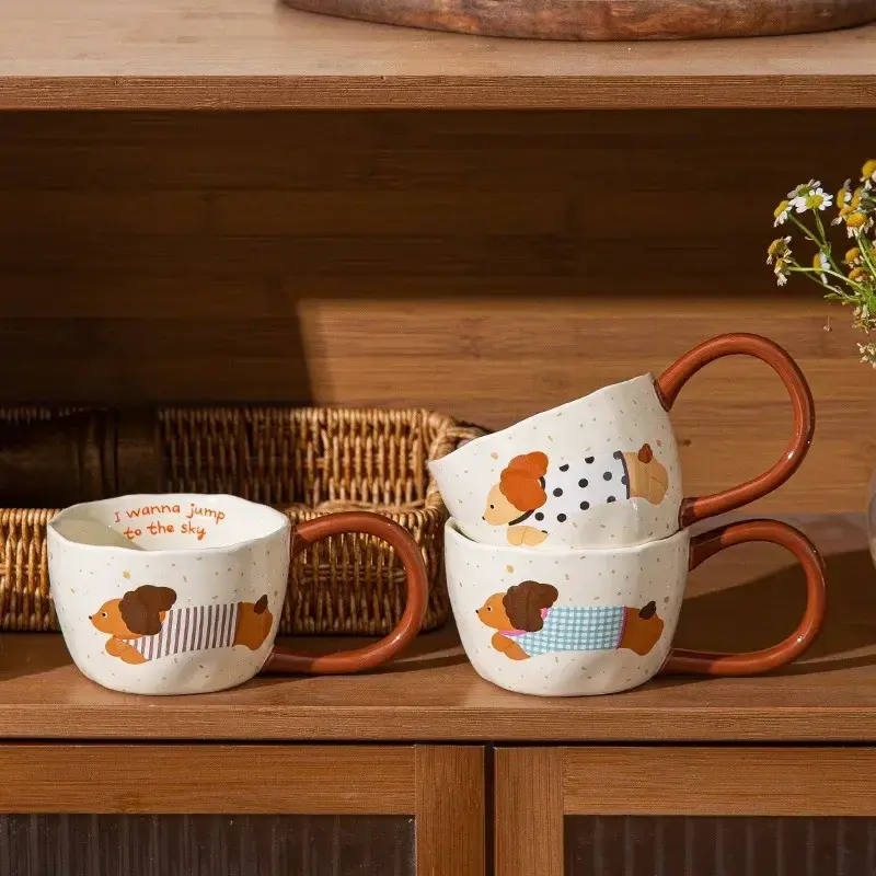 300ML Ceramic Mug Big Ear Cup Cute Puppy Pattern Coffee Juice Tea Breakfast Milk Oats Mug Yogurt Office Student Drinkware Gift