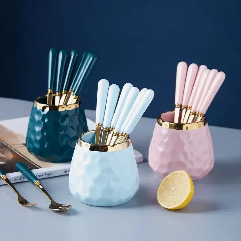 Ceramic Storage Jar with Gold Edge Mini Fork Spoon Chopsticks Ceramic Storage Container Nordic Style Texture Smooth Table Decor