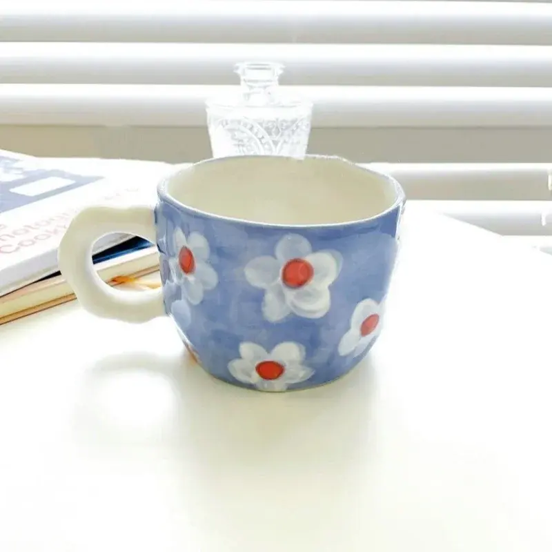 Hand Pinched Coffee Mug Irregular Flower Ceramic Cup Breakfast Milk Afternoon Tea Cups Underglaze Colour Mugs Decoration Gifts