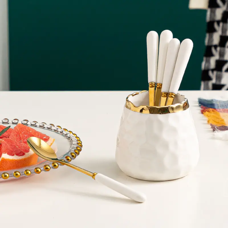 Ceramic Storage Jar with Gold Edge Mini Fork Spoon Chopsticks Ceramic Storage Container Nordic Style Texture Smooth Table Decor