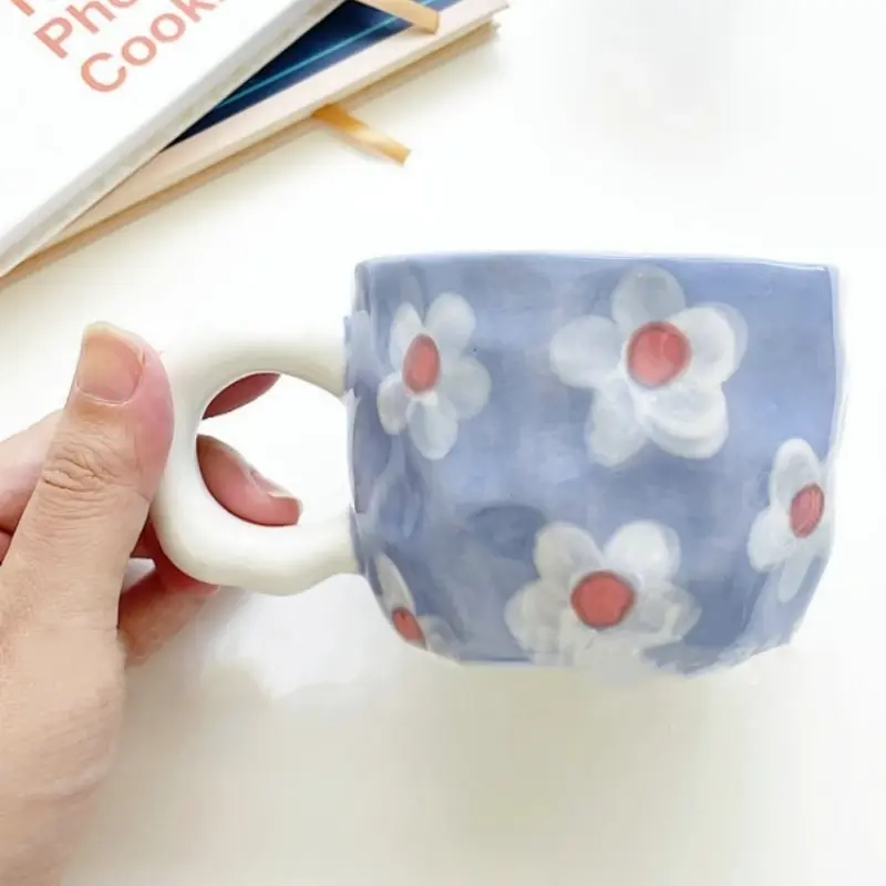 Hand Pinched Coffee Mug Irregular Flower Ceramic Cup Breakfast Milk Afternoon Tea Cups Underglaze Colour Mugs Decoration Gifts