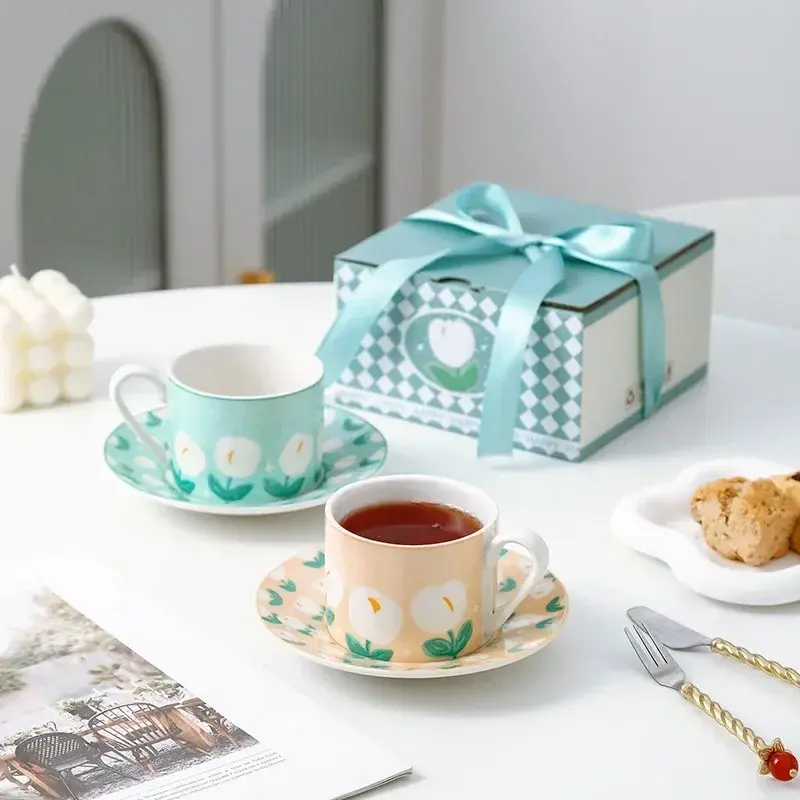 Ceramic Cup and Saucer Tulip Pattern Afternoon Tea Coffee Cup Set Breakfast Dessert Plate Milk Juice Mug Home Decoration Gifts