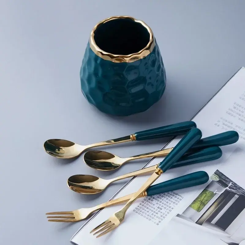 Ceramic Storage Jar with Gold Edge Mini Fork Spoon Chopsticks Ceramic Storage Container Nordic Style Texture Smooth Table Decor