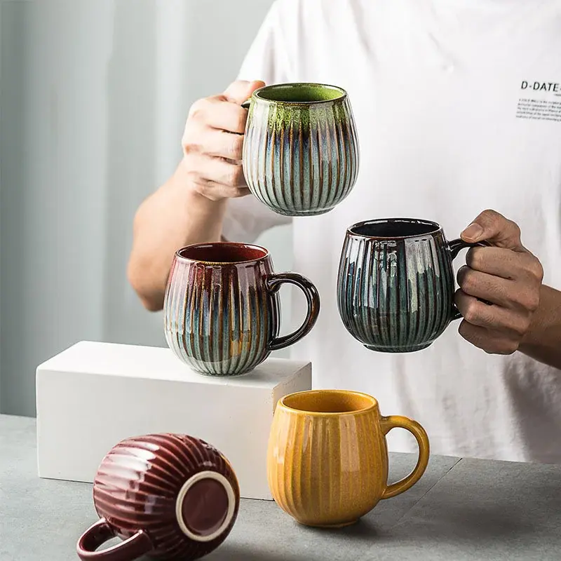 Glaze Kiln-Creative Vertical Pattern Water Mug with Handle Coffee Cup Large Capacity Ceramic Retro Japanese Style Milk Mug