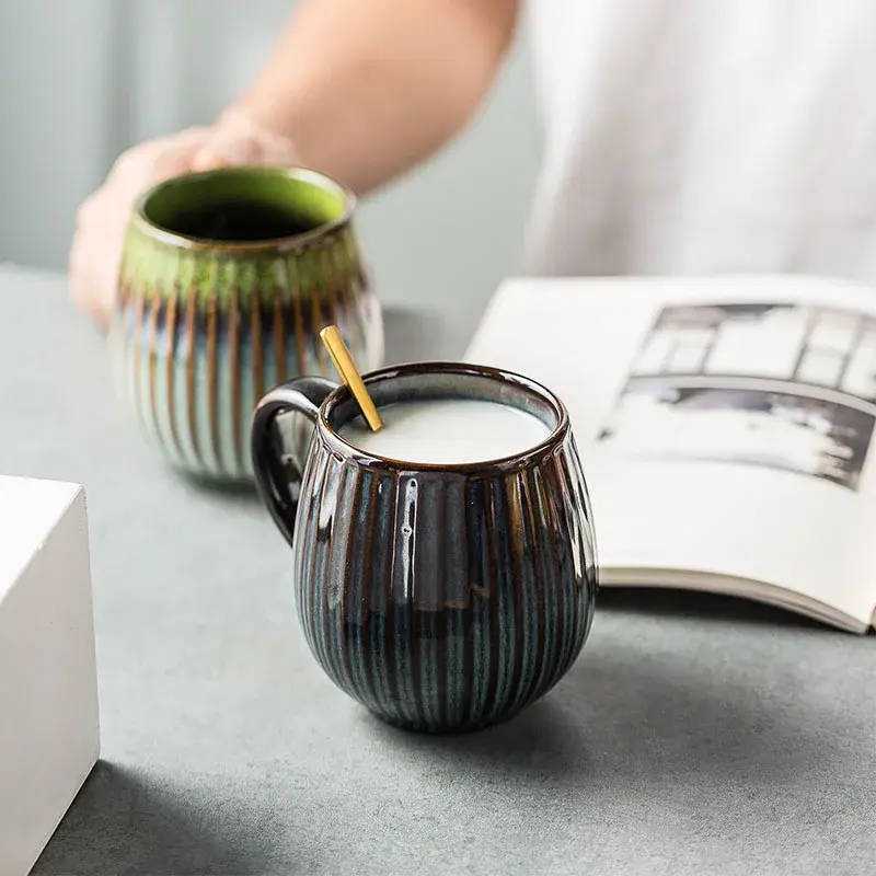 Glaze Kiln-Creative Vertical Pattern Water Mug with Handle Coffee Cup Large Capacity Ceramic Retro Japanese Style Milk Mug