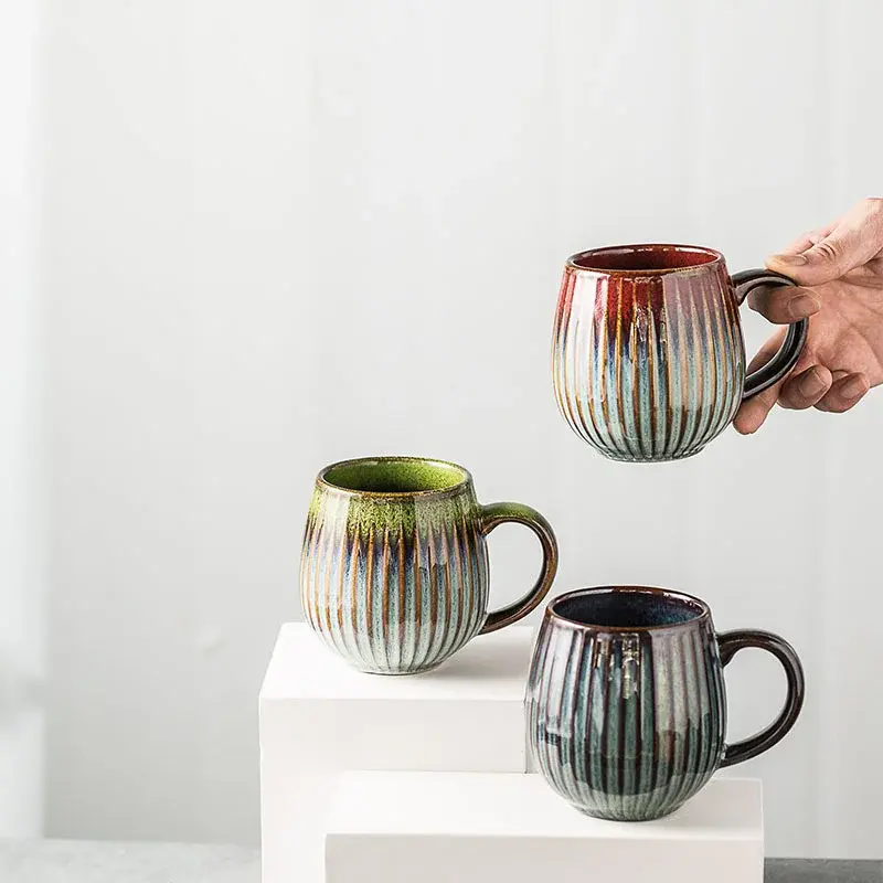 Glaze Kiln-Creative Vertical Pattern Water Mug with Handle Coffee Cup Large Capacity Ceramic Retro Japanese Style Milk Mug