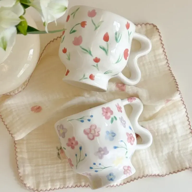 1Pcs Hand Painted Ceramic Mug Tulip Flower Pattern High Footed Cup Afternoon Tea Cups Coffee Juice Mugs Birthday Gifts Decor