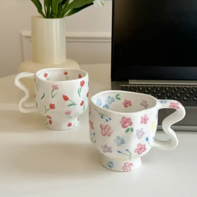 1Pcs Hand Painted Ceramic Mug Tulip Flower Pattern High Footed Cup Afternoon Tea Cups Coffee Juice Mugs Birthday Gifts Decor