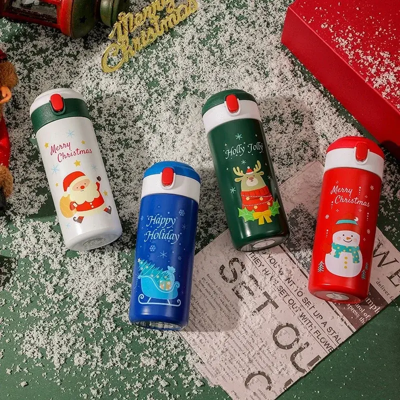 350ML Stainless Steel Insulation Cup Cute Elk Santa Claus Snowman Pattern Thermal Water Cups with Straw Student Office Xmas Gift
