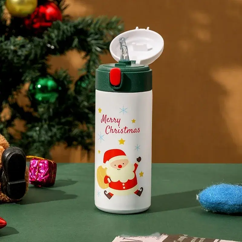 350ML Stainless Steel Insulation Cup Cute Elk Santa Claus Snowman Pattern Thermal Water Cups with Straw Student Office Xmas Gift