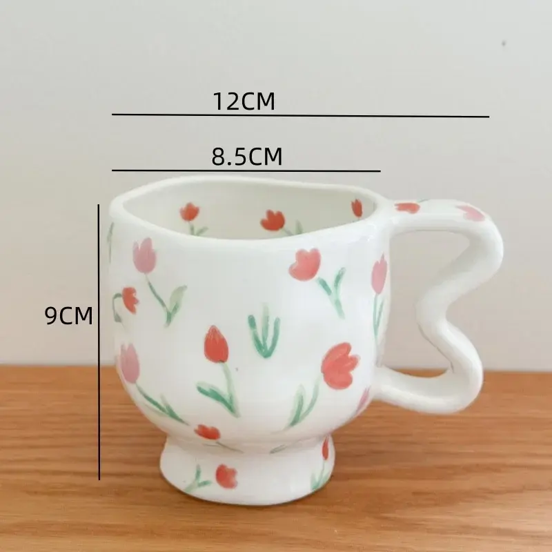 1Pcs Hand Painted Ceramic Mug Tulip Flower Pattern High Footed Cup Afternoon Tea Cups Coffee Juice Mugs Birthday Gifts Decor