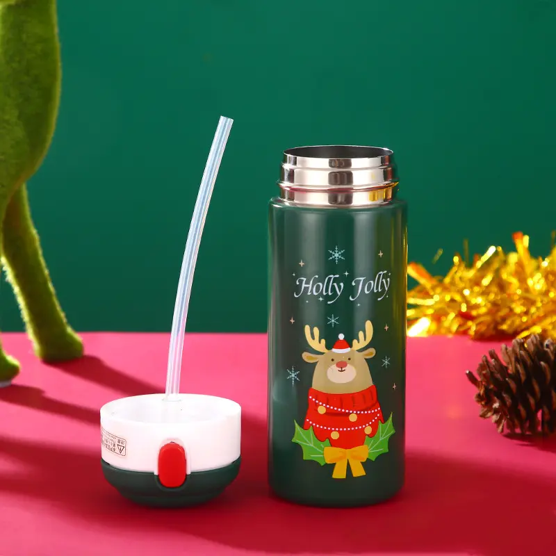 350ML Stainless Steel Insulation Cup Cute Elk Santa Claus Snowman Pattern Thermal Water Cups with Straw Student Office Xmas Gift