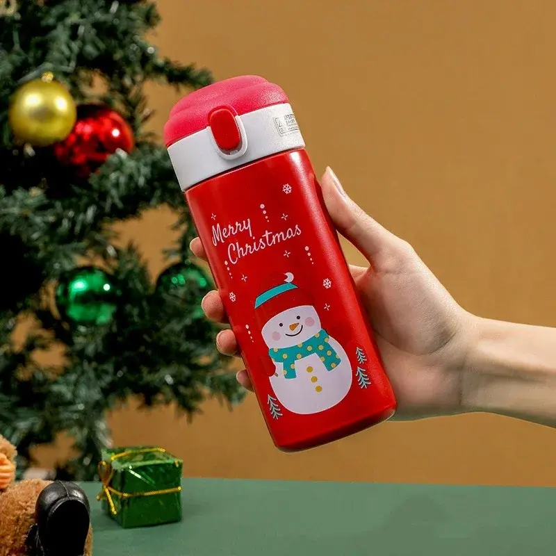 350ML Stainless Steel Insulation Cup Cute Elk Santa Claus Snowman Pattern Thermal Water Cups with Straw Student Office Xmas Gift