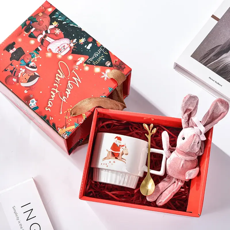 Christmas Ceramic Mug Santa Claus Pattern Coffee Milk Juice Tea Cup with Lid and Spoon Cafe Home Decoration Couples Xmas Gift