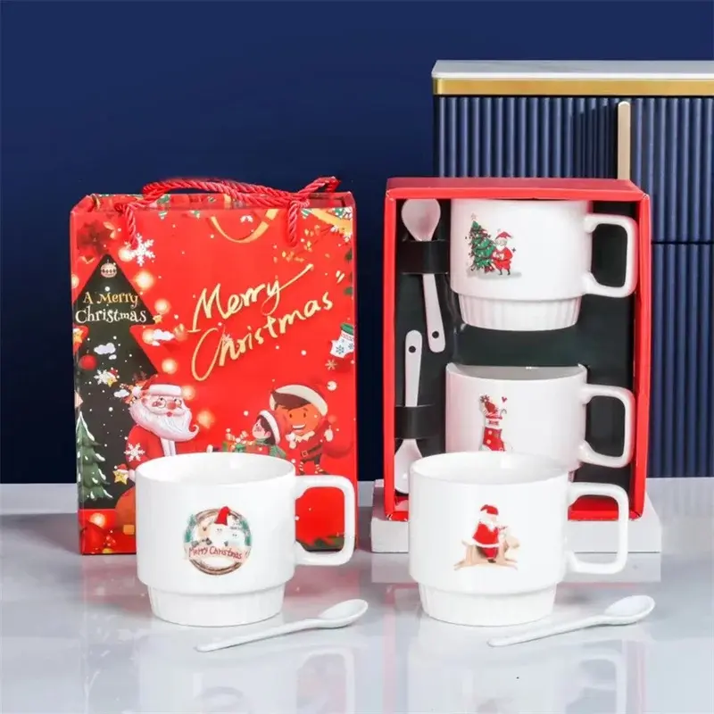 Christmas Ceramic Mug Santa Claus Pattern Coffee Milk Juice Tea Cup with Lid and Spoon Cafe Home Decoration Couples Xmas Gift