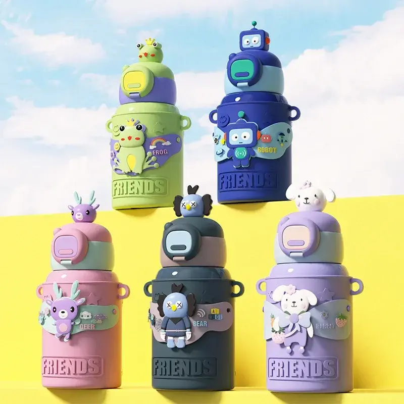 450ML Kids Water Bottle Cartoon Animal Children's Cup with Straw Stainless Steel Bottle Thermal Mug Cups for Student Water Cup