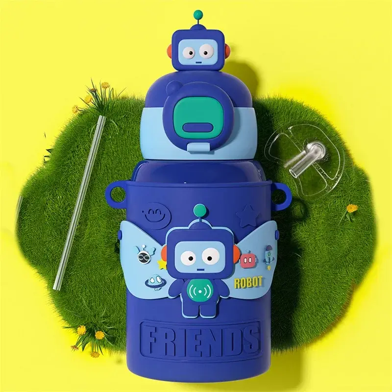 450ML Kids Water Bottle Cartoon Animal Children's Cup with Straw Stainless Steel Bottle Thermal Mug Cups for Student Water Cup