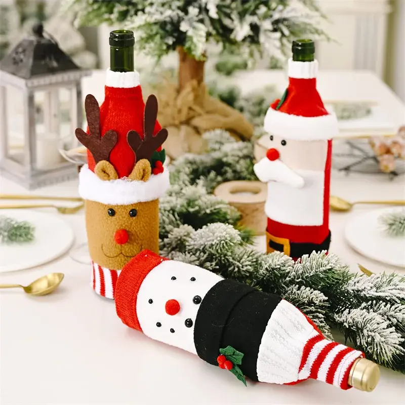Christmas Wine Bottle Cover Set Santa Claus Snowman Elk Knitted Wine Bottle Bags Party Dinner Table Decor New Year Xmas Gifts