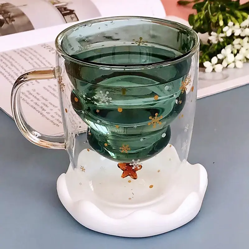 Christmas Mug Glass with Lid Double Layer Christmas Star Wish Cup Household with Handle Borosilicate Glass Ins Cute Milk Cup