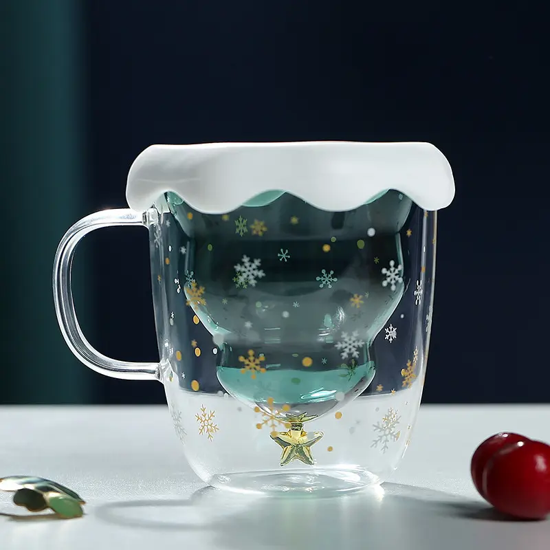 Christmas Mug Glass with Lid Double Layer Christmas Star Wish Cup Household with Handle Borosilicate Glass Ins Cute Milk Cup