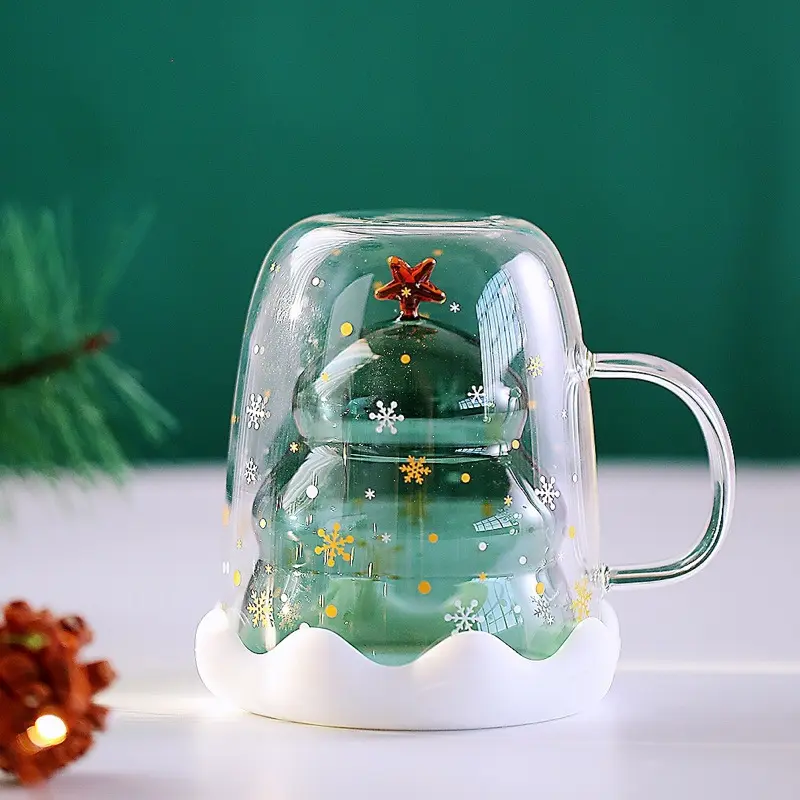 Christmas Mug Glass with Lid Double Layer Christmas Star Wish Cup Household with Handle Borosilicate Glass Ins Cute Milk Cup