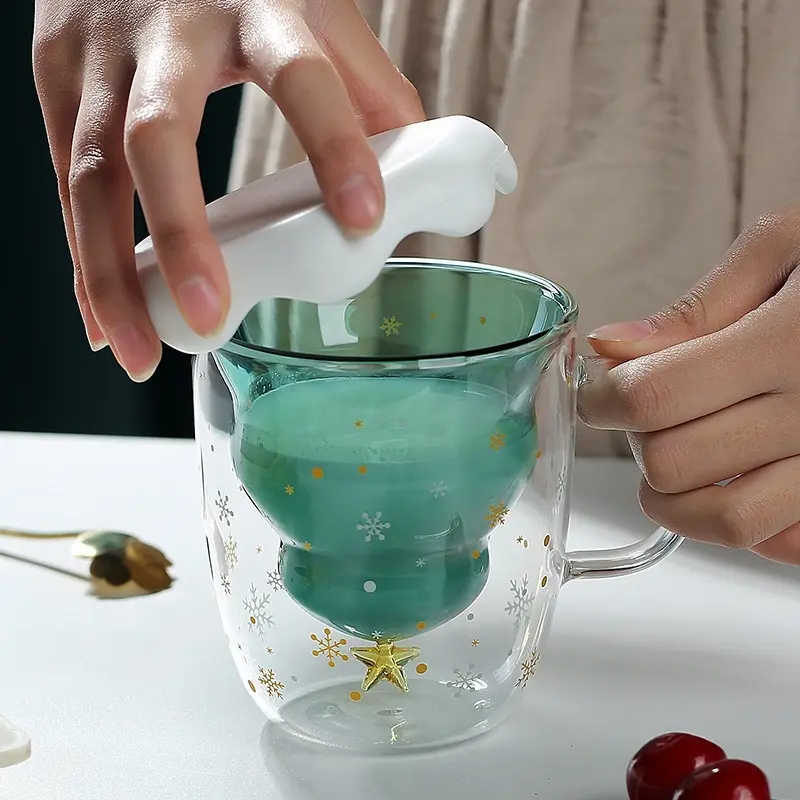 Christmas Mug Glass with Lid Double Layer Christmas Star Wish Cup Household with Handle Borosilicate Glass Ins Cute Milk Cup