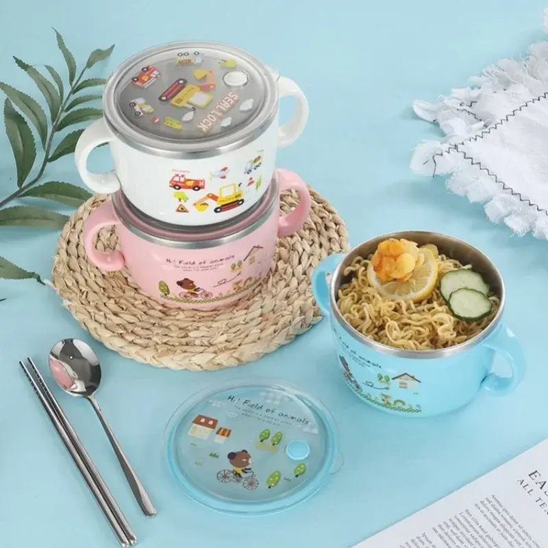 Stainless Steel Insulation Bowl Noodle Bowl Soup Bowls Large Capacity Cartoon Anti-scalding Bento Box Student Supplies Tableware