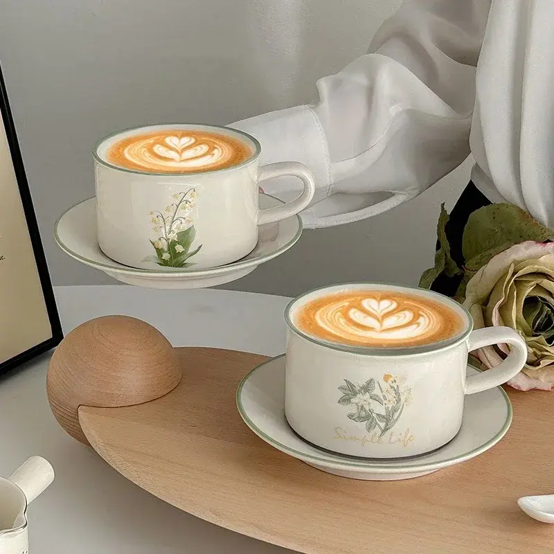 Retro Ceramic Mug and Saucer Flower Pattern Coffee Cup Afternoon Tea Cup Dessert Plate Milk Juice Cup Drinking Tools Present