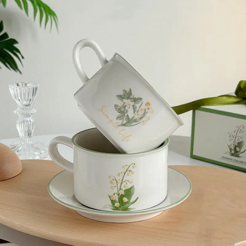 Retro Ceramic Mug and Saucer Flower Pattern Coffee Cup Afternoon Tea Cup Dessert Plate Milk Juice Cup Drinking Tools Present