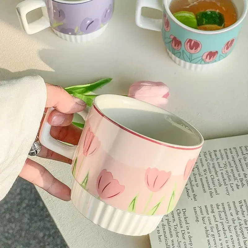 1Pcs Ceramic Mug Tulip Flower Cup Lovely Maiden Sense Water Cup Couple Style Coffee Cup Kitchen Drinkware Creative Mugs Cute