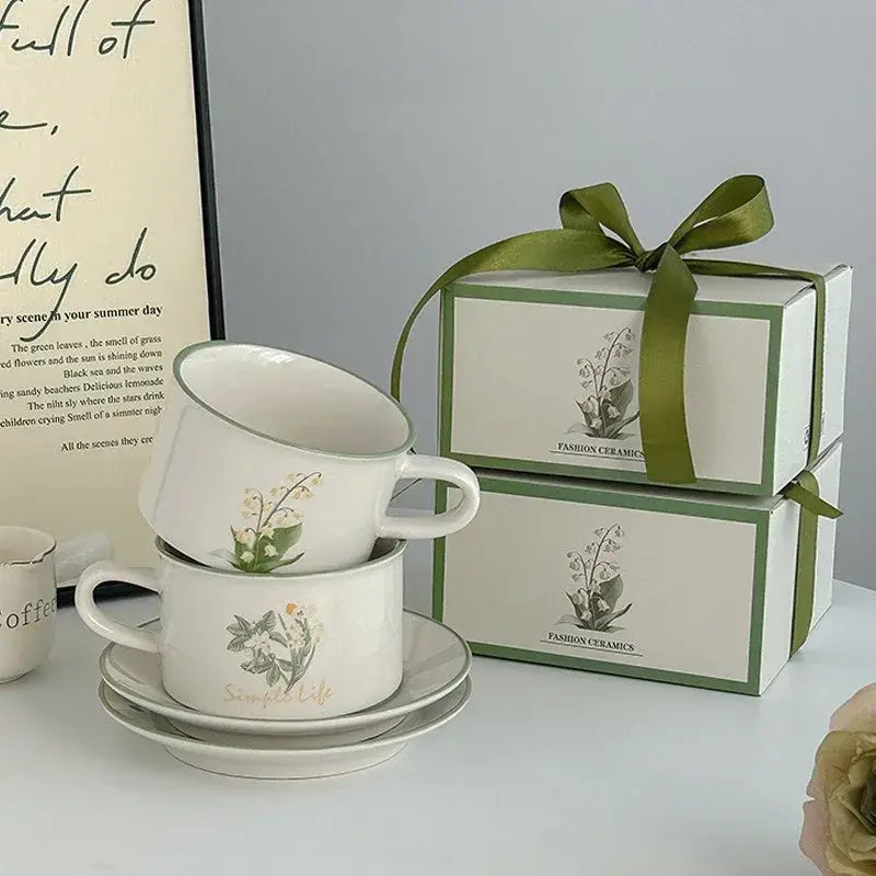 Retro Ceramic Mug and Saucer Flower Pattern Coffee Cup Afternoon Tea Cup Dessert Plate Milk Juice Cup Drinking Tools Present
