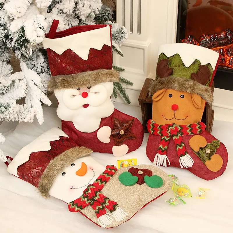 2024 Christmas Decorations Santa Claus Snowman Deer Imitation Leather Socks Decorative Hanging on Tree Socks Gift Bag for Kids