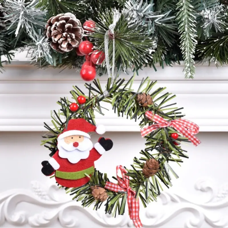 1Pcs Christmas Wreath Pine Cone Pendant Santa Snowman Elk Beer Penguin Mini Wreath Ornament Xmas New Year Party Decoration
