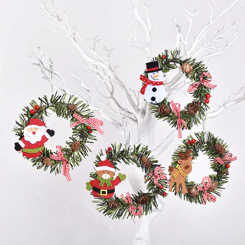 1Pcs Christmas Wreath Pine Cone Pendant Santa Snowman Elk Beer Penguin Mini Wreath Ornament Xmas New Year Party Decoration