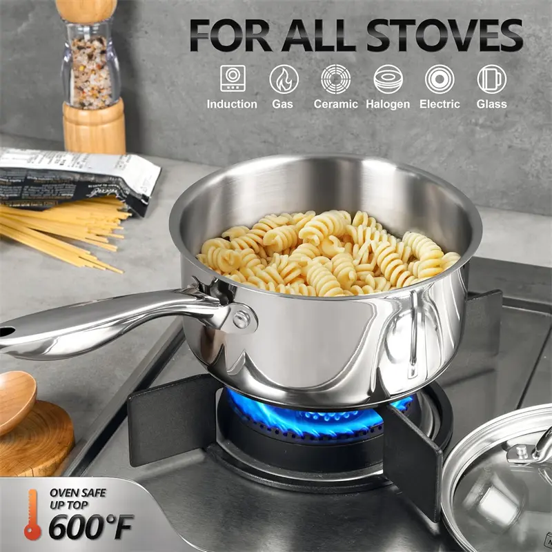 MICHELANGELO 3Pcs Stew Pot Set Stainless Steel Sauce Pot with Lid Three-layer Composite Base Cooking Pot Induction Compatible