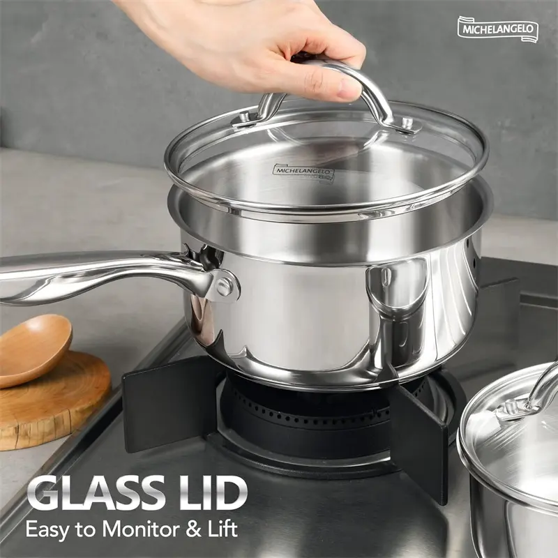 MICHELANGELO 3Pcs Stew Pot Set Stainless Steel Sauce Pot with Lid Three-layer Composite Base Cooking Pot Induction Compatible