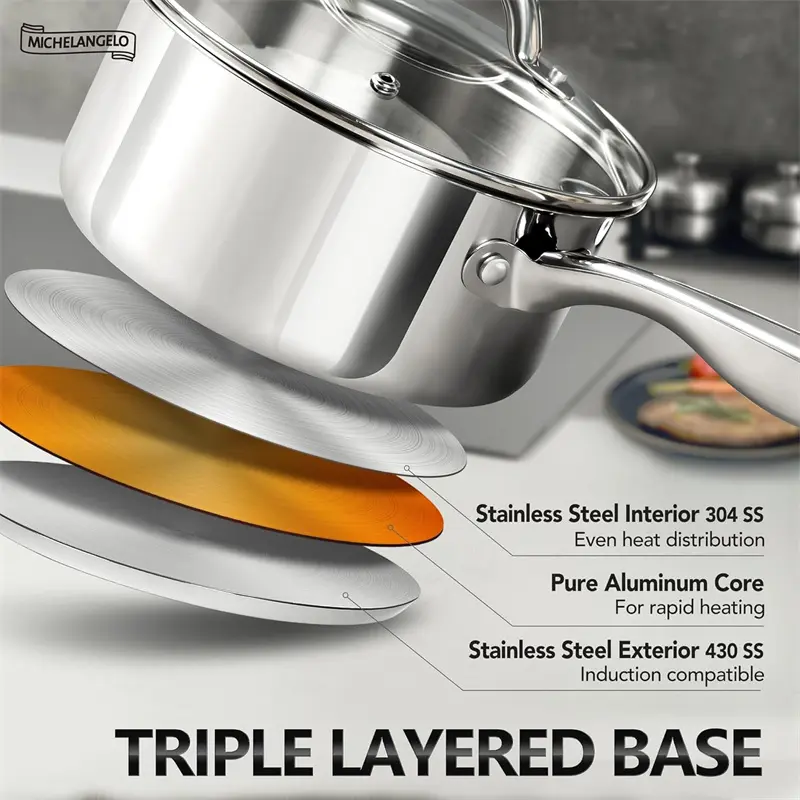 MICHELANGELO 3Pcs Stew Pot Set Stainless Steel Sauce Pot with Lid Three-layer Composite Base Cooking Pot Induction Compatible