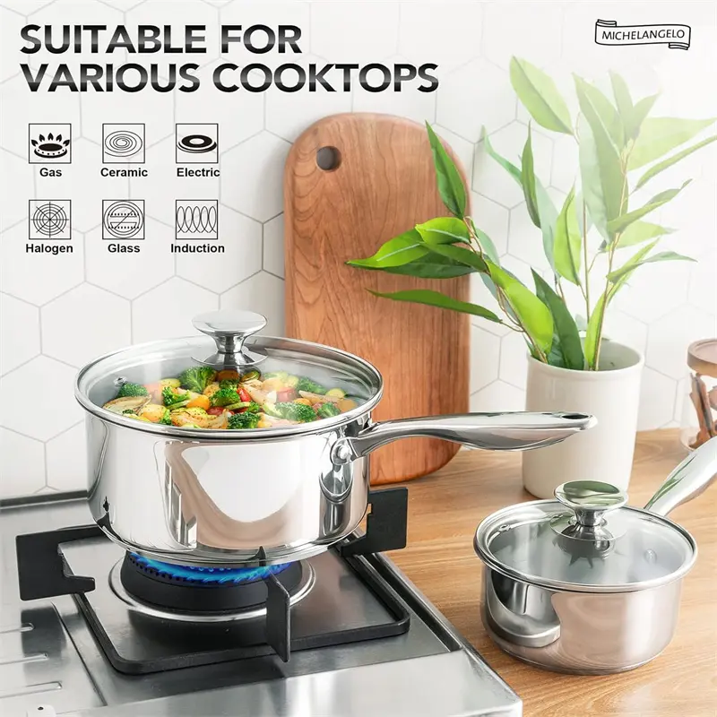 MICHELANGELO Stainless Steel Stew Pot Set with Lid 1 Quart and 3 Quart Sauce Pot Household Cooking Pot Induction Compatible