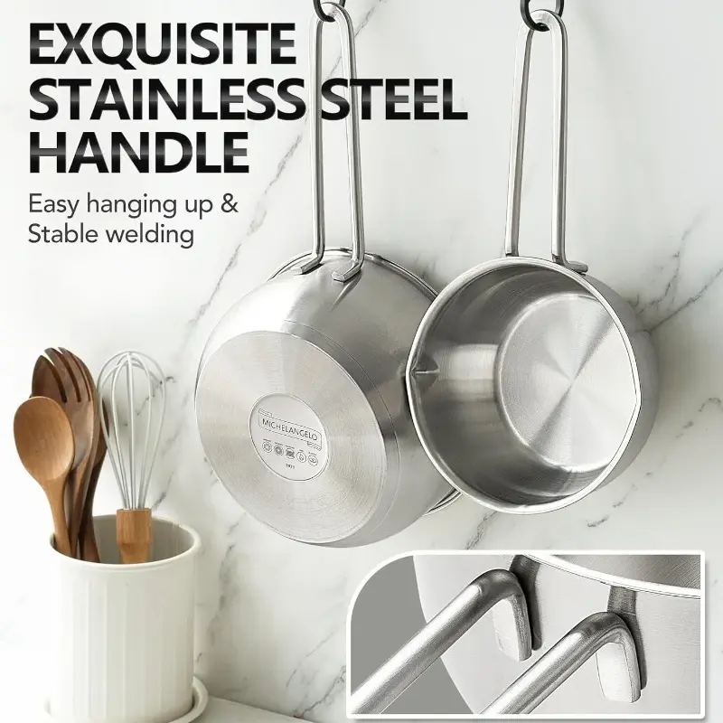 MICHELANGELO Stainless Steel Stew Pot Set with Lid  & Pour Spout Nonstick Milk Pot Tri-Ply Bottom Sauce Pan Set Kitchen Cookware