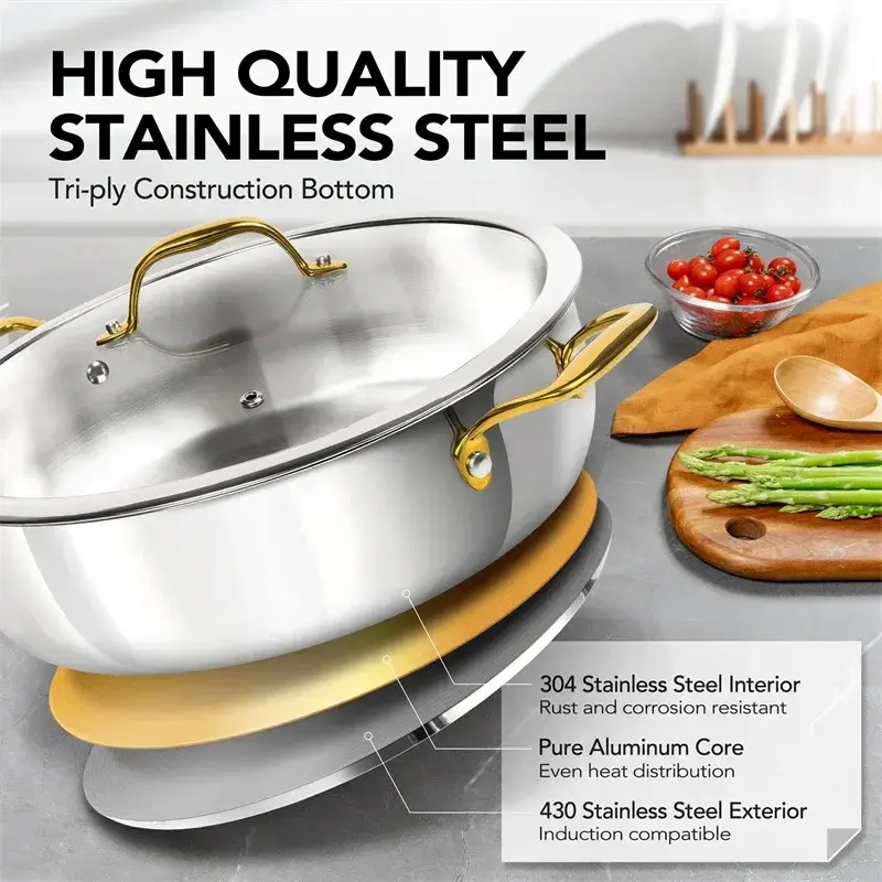 MICHELANGELO 6 Quarts Stainless Steel Cooking Pot with Lid Frying Pan with Hanging Ear Turkey Frying Pan All Stove Compatible