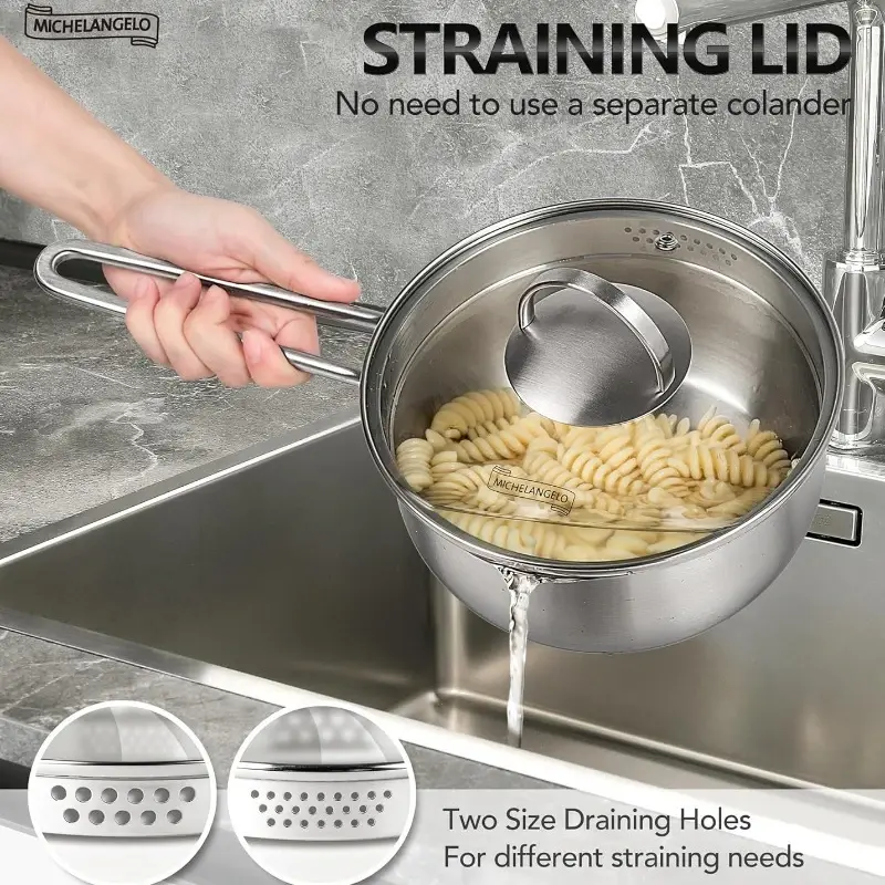 MICHELANGELO Stainless Steel Stew Pot Set with Lid  & Pour Spout Nonstick Milk Pot Tri-Ply Bottom Sauce Pan Set Kitchen Cookware
