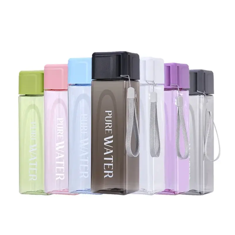 Simple Square Water Bottle Portable Plastic Sport Water Bottles Candy Color Leak Proof Gym Household School Outdoor Drinkware
