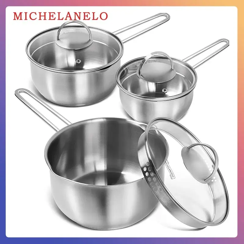 MICHELANGELO Stainless Steel Stew Pot Set with Lid  & Pour Spout Nonstick Milk Pot Tri-Ply Bottom Sauce Pan Set Kitchen Cookware