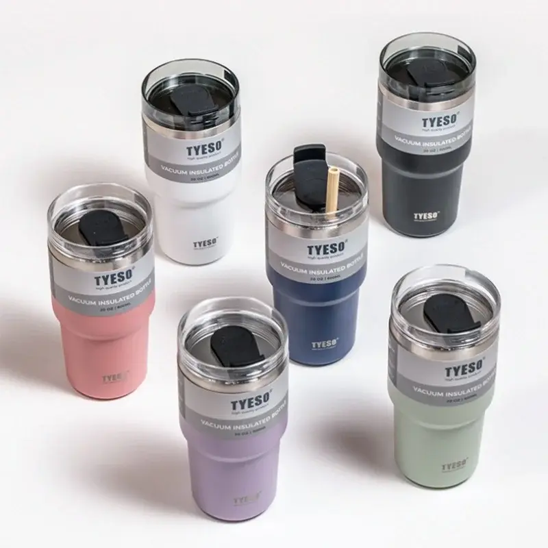 TYESO 600/900ml Stainless Steel Thermos Cup Coffee Cup Portable Water Cup Large Capacity Sports Car Straw Cup Thermos Mug