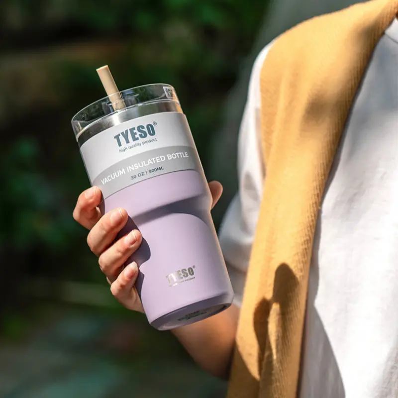 TYESO 600/900ml Stainless Steel Thermos Cup Coffee Cup Portable Water Cup Large Capacity Sports Car Straw Cup Thermos Mug