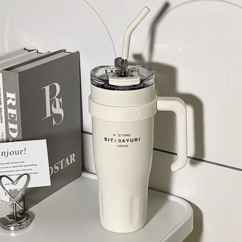 1100ml Large Capacity Thermos Water Bottle Stainless Steel Coffee Cup with Straw Keeps Cold and Heat Insulated Car Thermos Mug