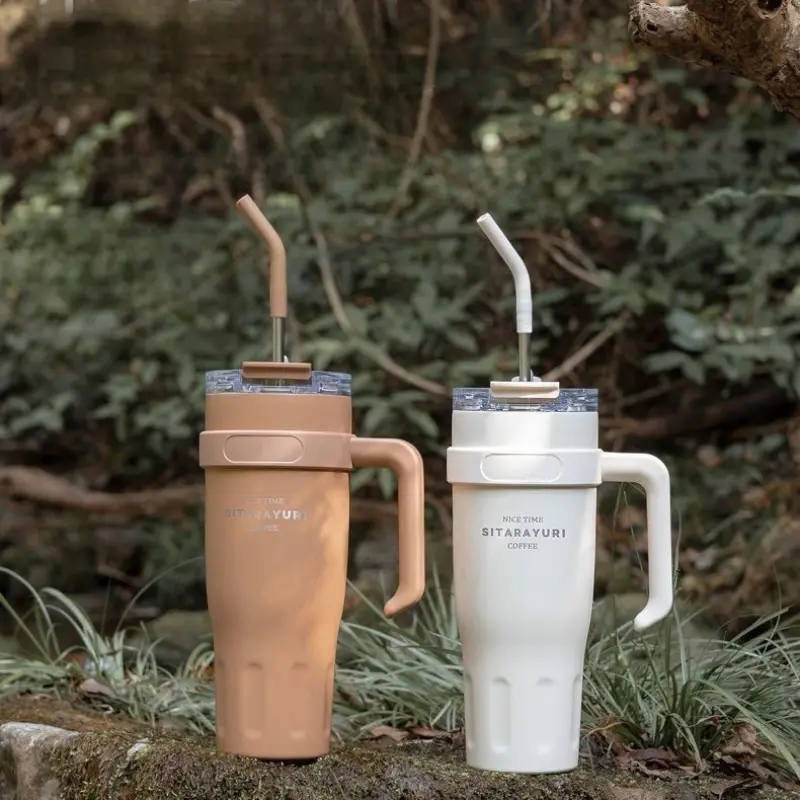 1100ml Large Capacity Thermos Water Bottle Stainless Steel Coffee Cup with Straw Keeps Cold and Heat Insulated Car Thermos Mug