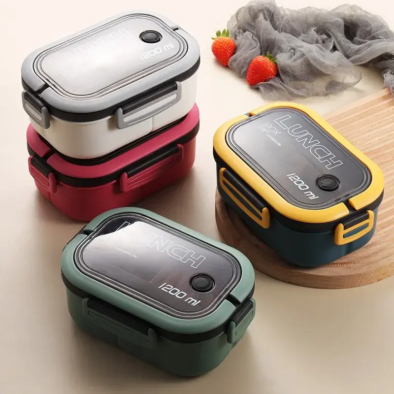 1200ML 2 Layer Bento Lunch Box With Spoon Fork, Kid High Capacity Microwae Food Containers Portable Leakproof Office Camping
