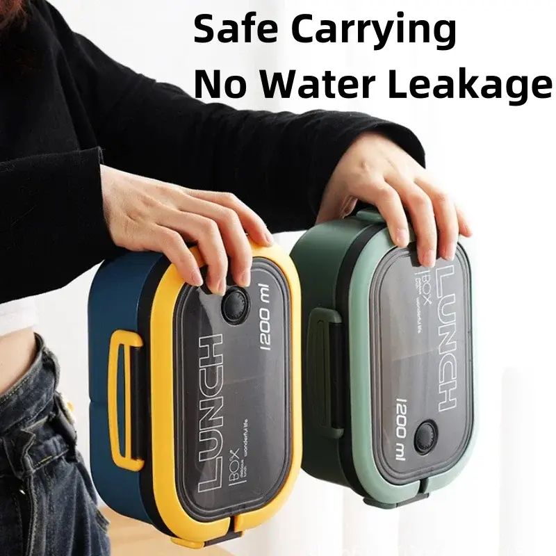 1200ML 2 Layer Bento Lunch Box With Spoon Fork, Kid High Capacity Microwae Food Containers Portable Leakproof Office Camping