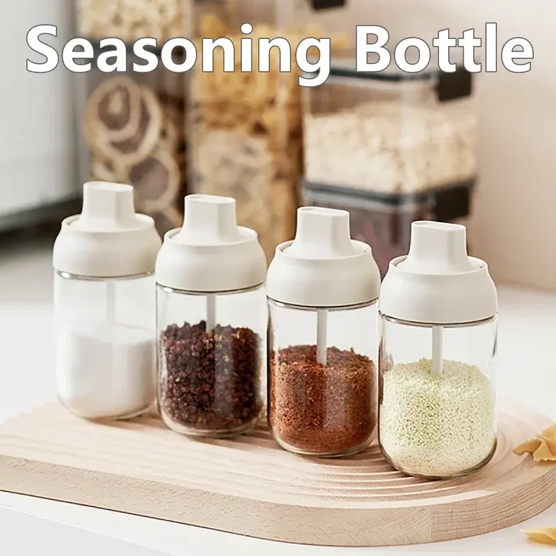 2pcs 250ML Oil Bottle Moisture-proof with Lid Spoon Pepper Jar Salt Shaker Combination Glass Kitchen Dining Seasoning Bottle